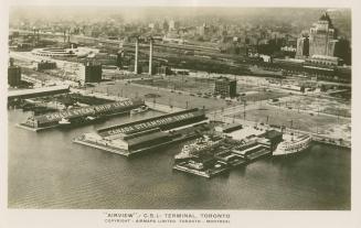 Black and white photo postcard depicting Canada Steamship Lines Docks on the Toronto Harbourfro ...