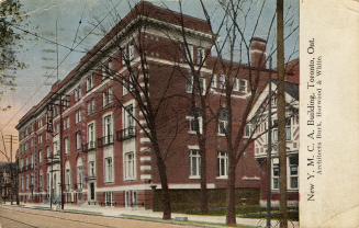 Colorized photograph of a large, five story, red brick commercial building.