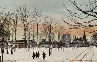 Colorized photograph of people walking through a snow covered park.