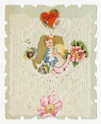 A doily decorates the front of the card, while a cutout window at the centre shows a man and wo ...