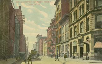 Colour postcard depicting Wellington Street West with buildings, horse-drawn carriages, and ped ...