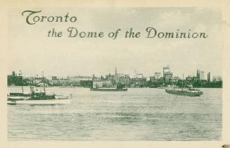 Green-toned postcard depicting a view of Toronto from Lake Ontario with boats in the foreground ...