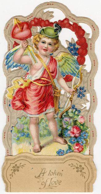 A pop-up card.Cupid is pictured holding an arrow stuck through heart in one hand and a bow in t ...