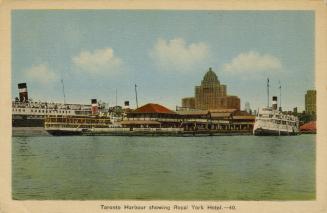 Colorized photograph of steam boats moored in front of busy docks. Very large hotel is in the b ...