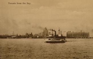 Sepia toned photograph of a ferry boat in the water along the shoreline of a large city.