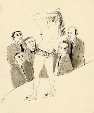 An ink and watercolour illustration of five men watching a female burlesque performer standing  ...