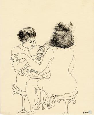 An ink illustration of two women sitting on chairs on either side of a small circular table. Th ...