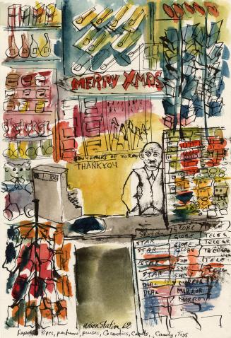 An ink and watercolour illustration of a man standing behind the counter of kiosk selling newsp ...