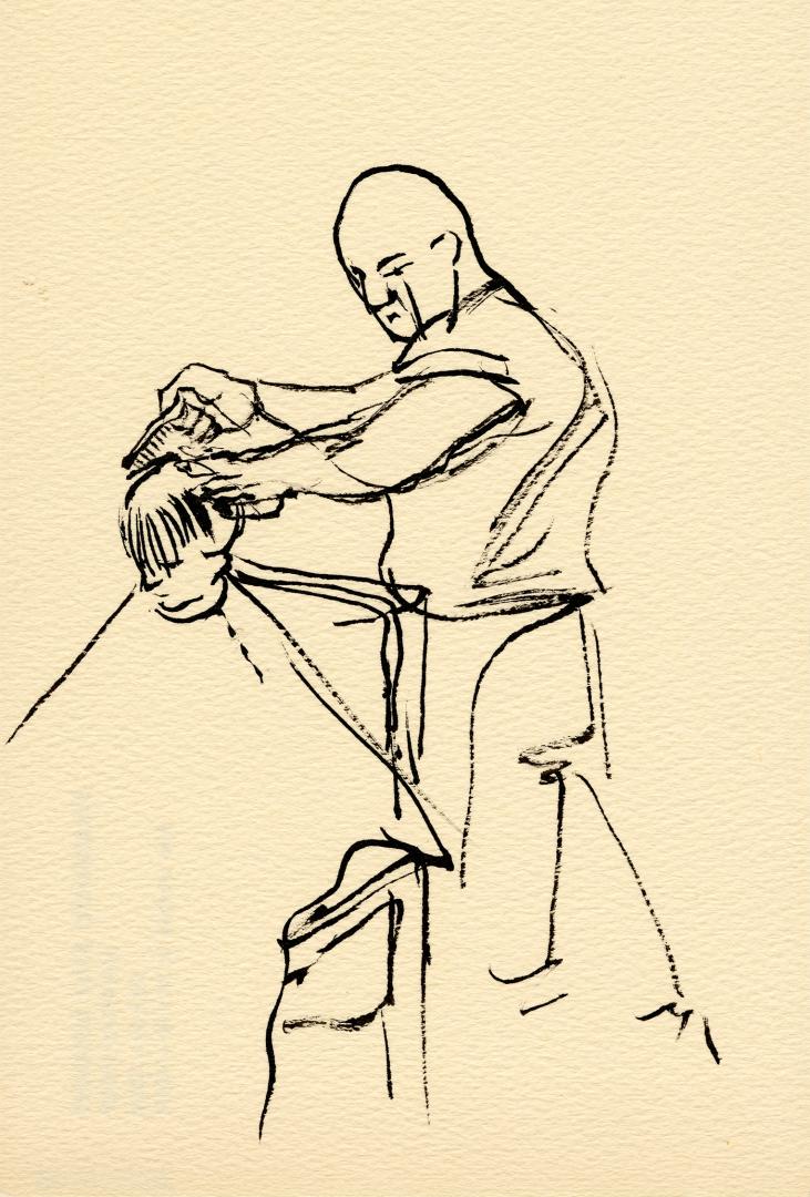 An ink illustration of a barber cutting a person's hair. The barber is bald, and standing behin ...