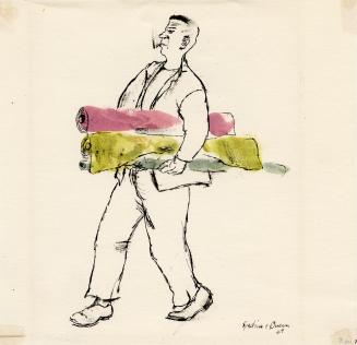 An ink and watercolour illustration of a man carrying rolls of fabric under one arm. He has a s ...