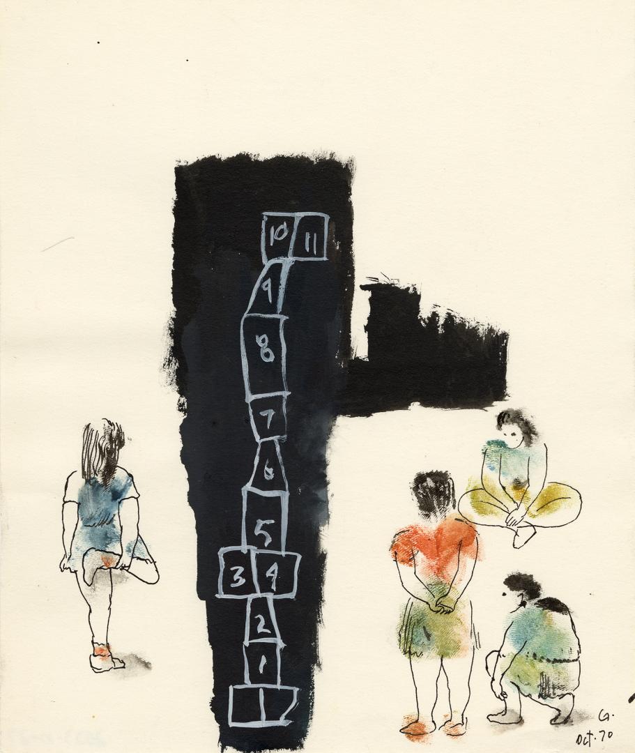 An ink and watercolour illustration of four children sitting, standing and crouching around a h ...