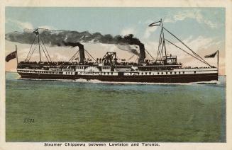 Colorized drawing of a large steamship on open water.