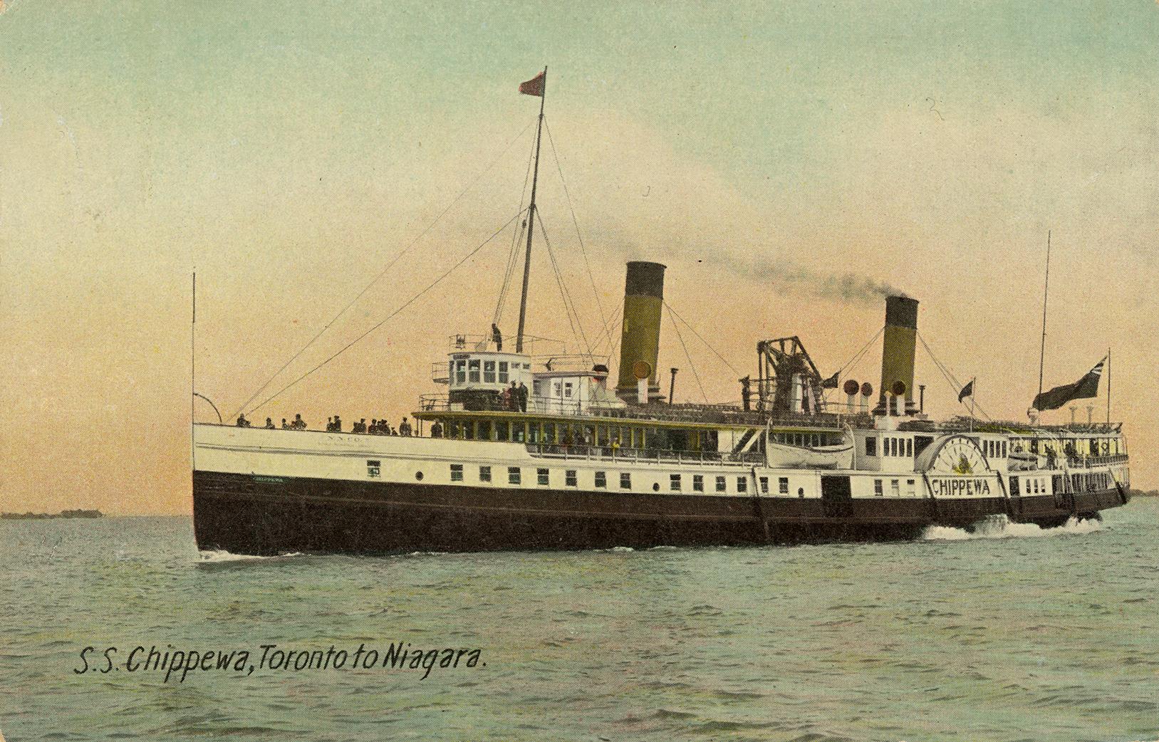 Colorized photograph of a large steamship on open water