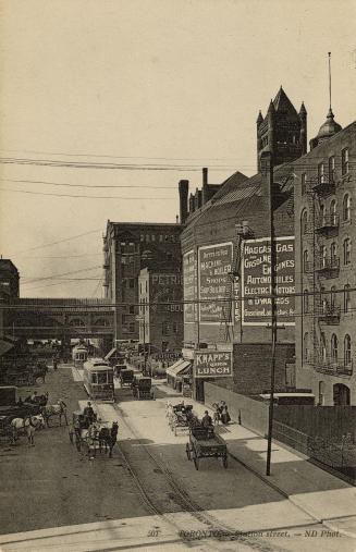 Black-white photo postcard depicting a street running between two stations, with Yonge streetca…