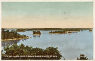 Colorized photograph of islands in middle of a wide river.