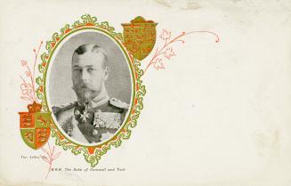 Portrait of a prince in military uniform in an oval, surrounded by two shields.