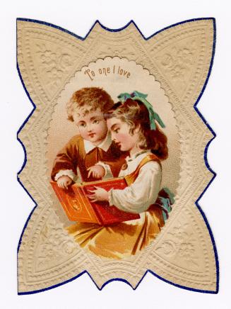 A boy and girl read a book together. They are framed by a decorative embossed border with flowe ...