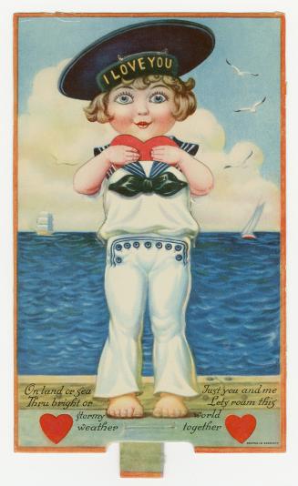 A mechanical card. A person stands on a dock by the sea dressed as a sailor and holding a heart ...