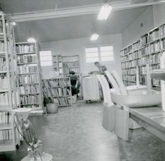 Picture of room with library shelving and two people working in background. 