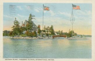 Colorized photograph of a view of a waterway, with a large summer resort on the river bank conn ...