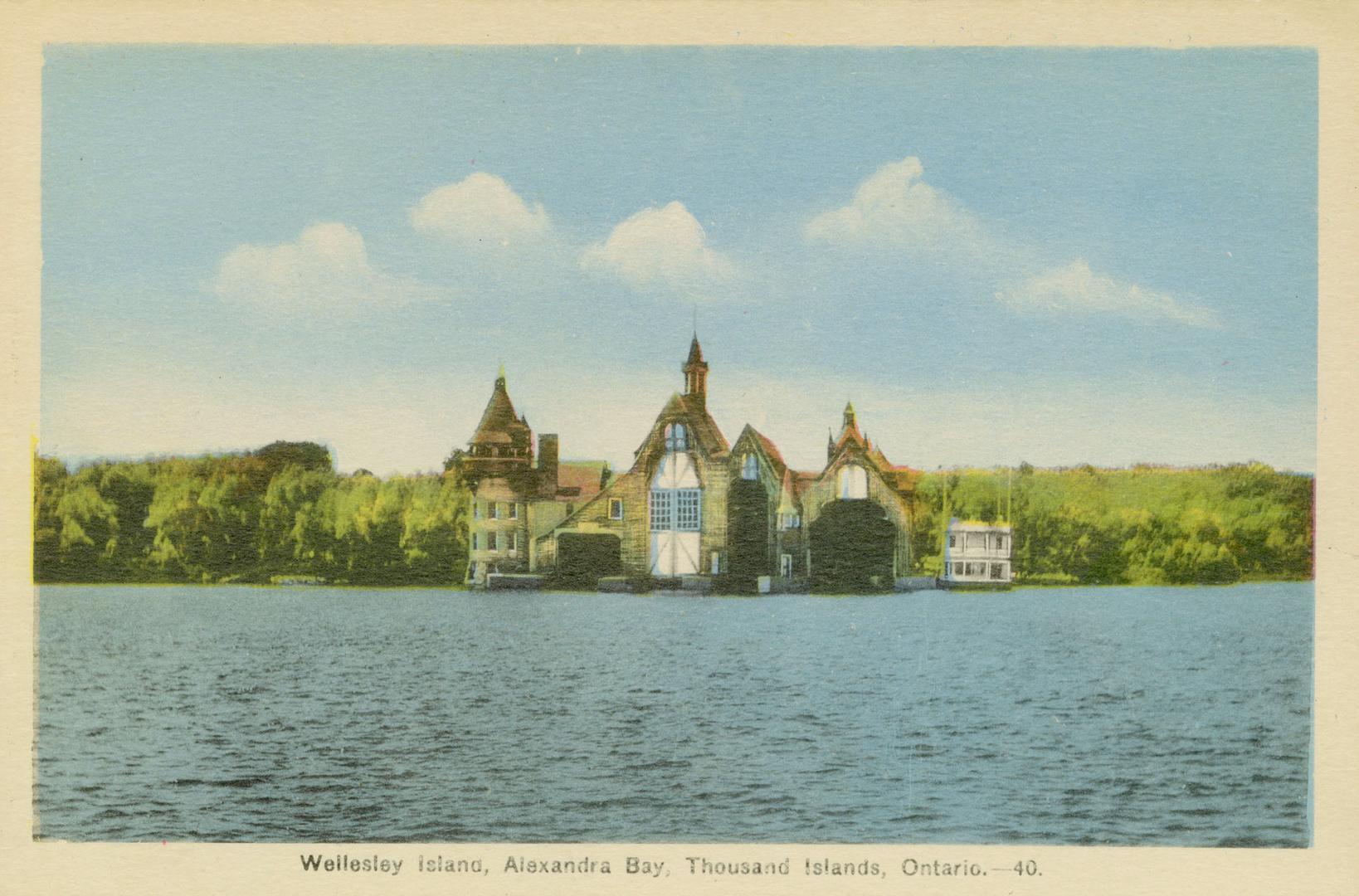 Colorized photograph of a view of a waterway, with a large summer resort on the river bank.