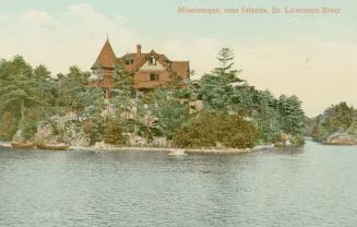 Colorized photograph of a large house on an island in a river.