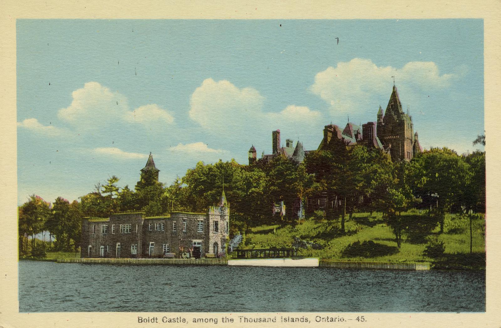 Colorized photograph of a view of a waterway, with a large castle on the river bank.