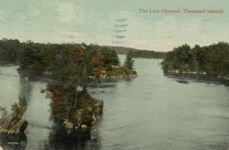 Colorized photograph of a steamboat of islands in the middle of a river.