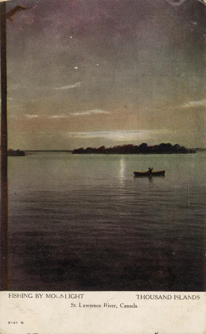 Colorized photograph of a man in a boat fishing in semi-darkness.
