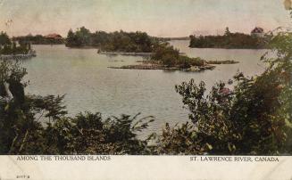 Colorized photograph of island in the middle of a wide body of water.
