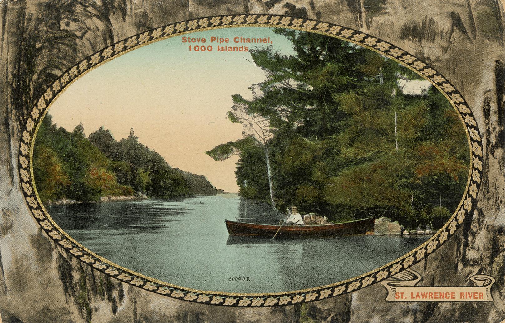 Colorized photograph of a man in a boat on a river banked by trees. Picture is in an oval frame ...