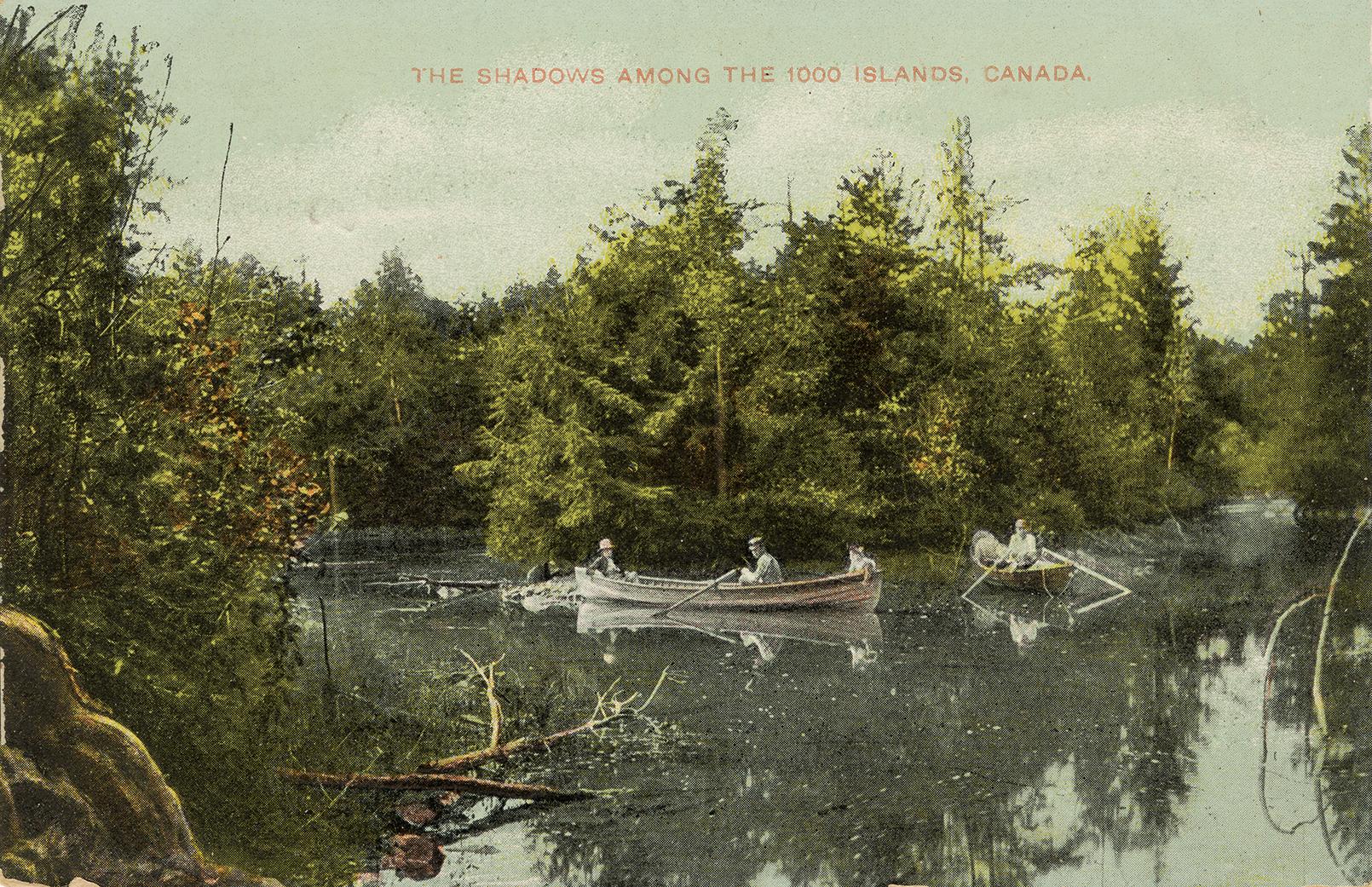 Colorized photograph of of people in two rowboats in front of densely forested islands in a riv ...