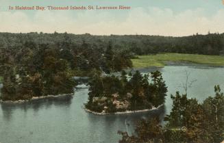 Colorized photograph of an island in the middle of a river.