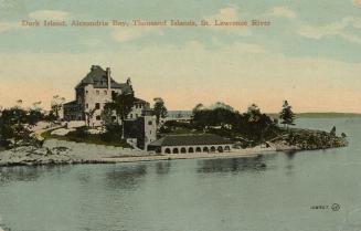 Colorized photograph of an island with a large home on it in the middle of a river.
