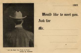 Black and white postcard depicting the back of a man in a suit and hat, with the caption that s ...