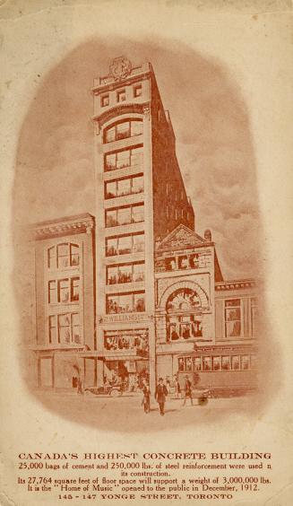 Sepia-toned postcard depicting an illustration of a tall, narrow building sandwiched between tw ...