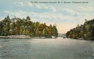  Colorized photograph of trees covering islands in the middle of a waterway. 
