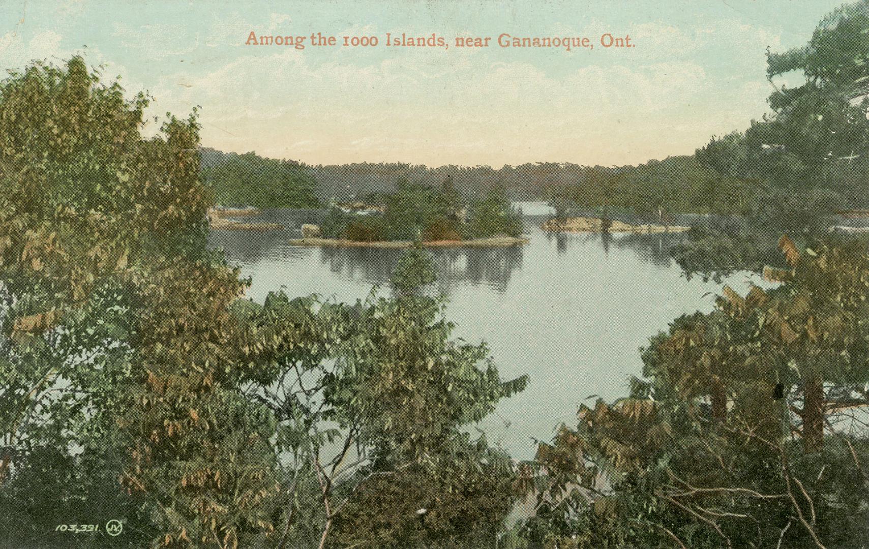 Colorized photograph of an island within a large river.