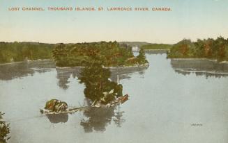  Colorized photograph of trees covering islands in the middle of a waterway. 