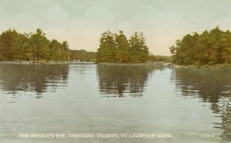 Colorized photograph of wooded islands in the middle of a lake,