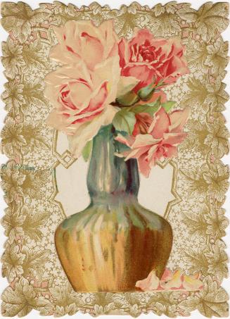A bouquet of pink roses in a vase. The flowers are framed by a gold leaf design. A romantic ver ...