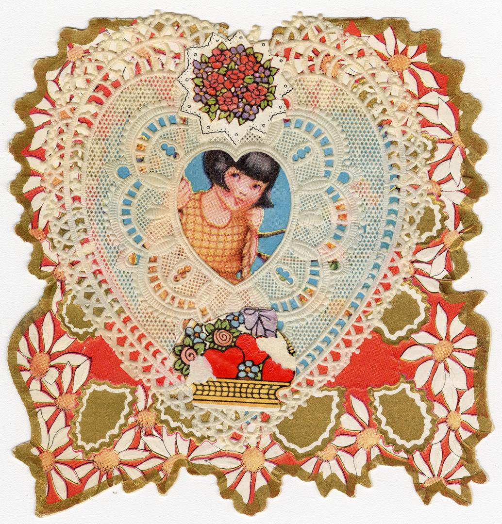A folded lace card.The front depicts two young people, framed by lace and a red, gold, and whit…