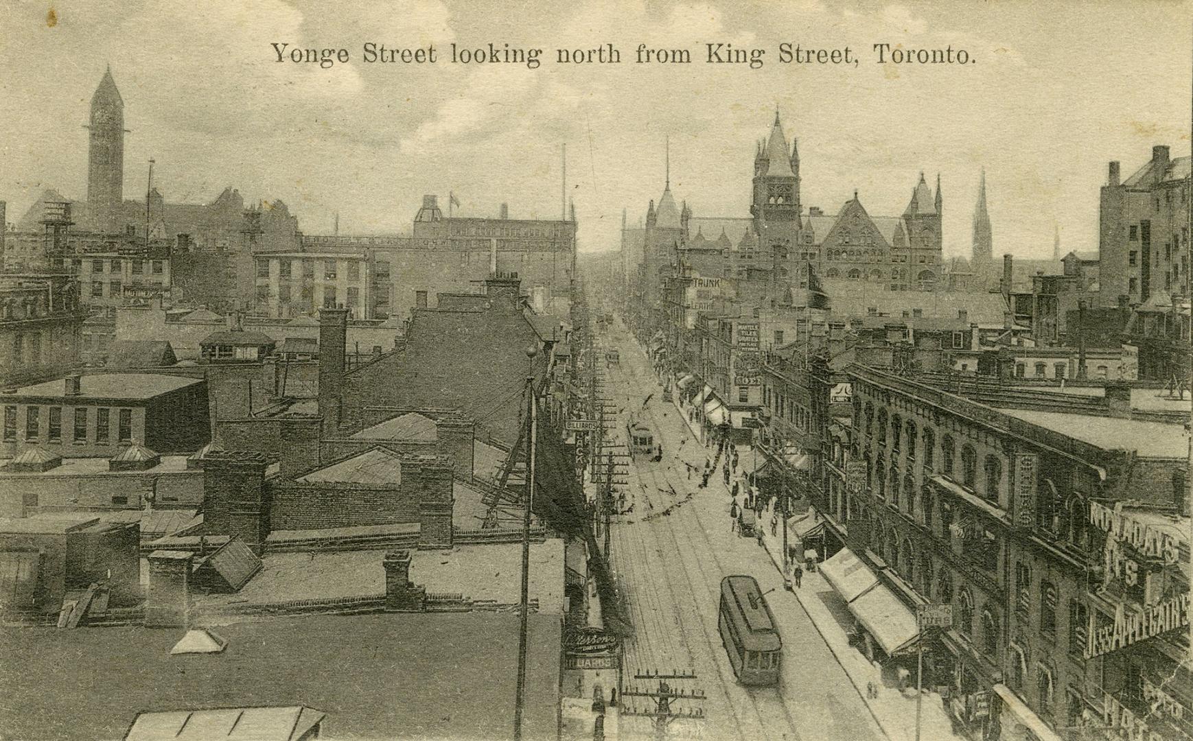 Black and white photo postcard depicting an an aerial view of Yonge Street with street cars and ...
