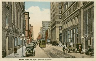 Colour postcard depicting an illustration of Yonge Street at street level looking north from ju ...