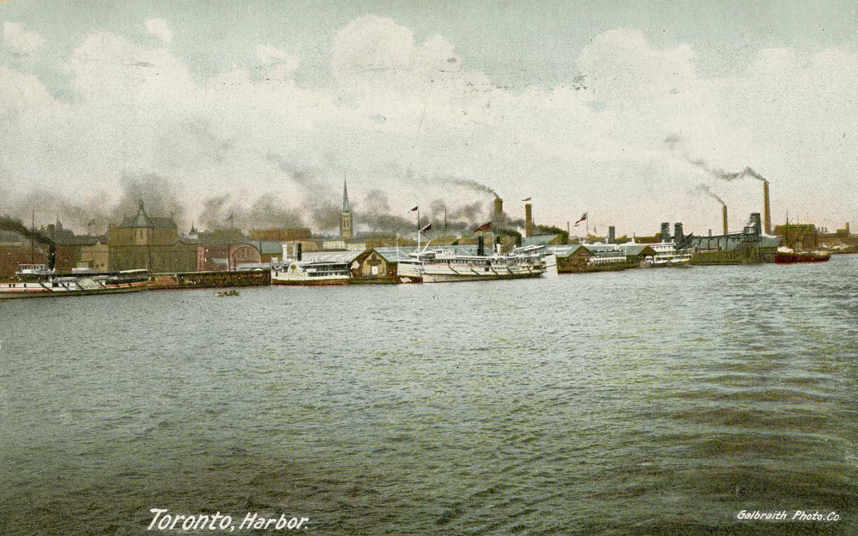 Colorized photograph of steamships in a harbour.