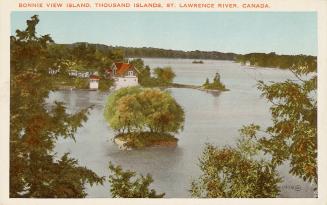 Colorized photograph of a house on an island in the middle of a wide river.