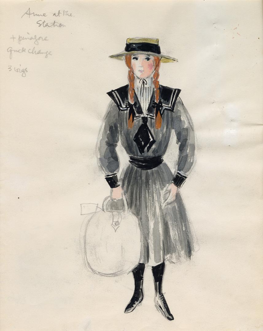 Costume design by Marie Day : 1974 Charlottetown Festival production of Anne of Green Gables : Anne Shirley at the station