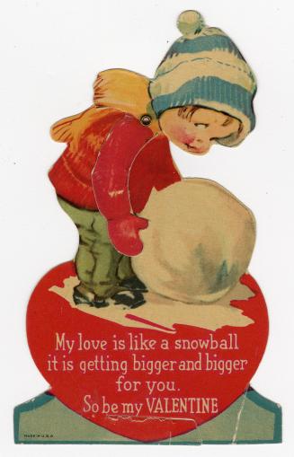 A mechanical card.A boy in winter clothes stands beside a snowball. Pulling on his hat causes h ...