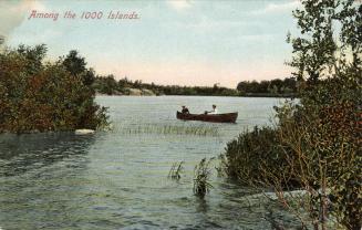 Two men in a boat on a narrow portion of a river.