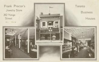 Black and white photo postcard depicting three images (two internal, one storefront photo) of a ...